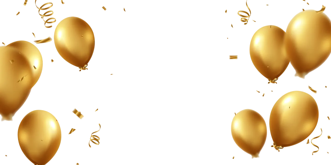 Feiern Sie mit goldenen Luftballons und kunstvollem Konfetti für festliche Partydekorationen, Vektorillustration.